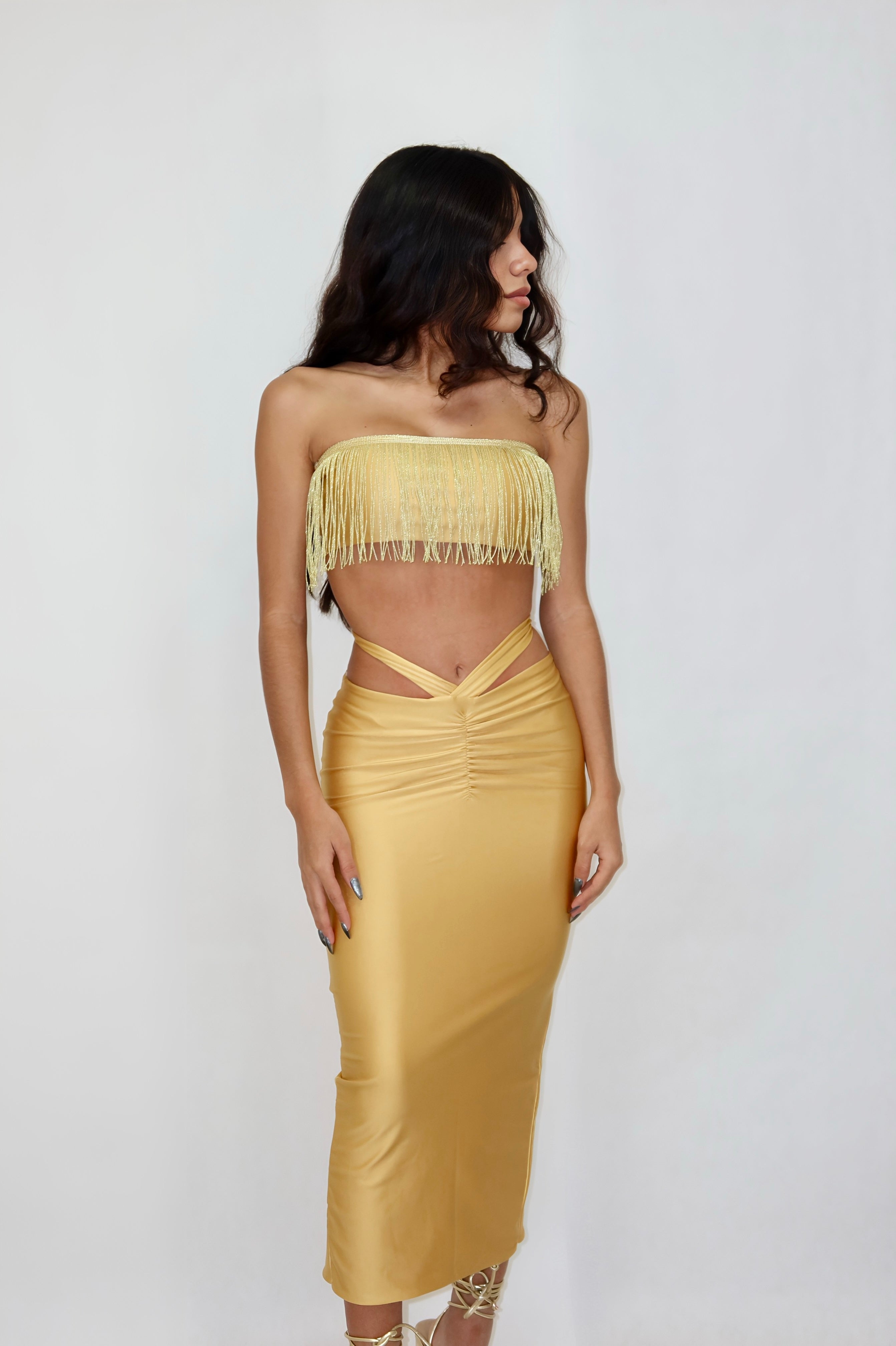 FRINGED TOP AND MIDI SKIRT RUCHED