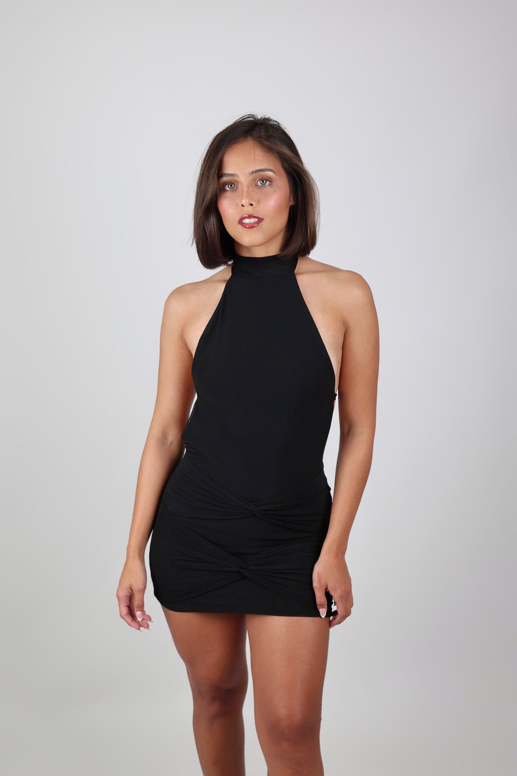 Doble-twist halter mini dress